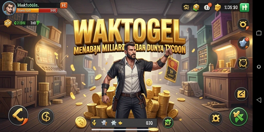 Tampilan utama gameplay WAKTOGEL menampilkan aksi membangun bisnis Tycoon.